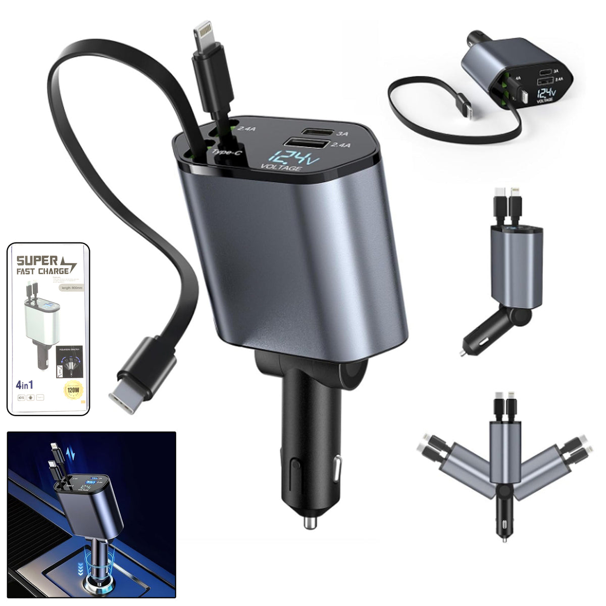 4-in-1 Super Fast Car Charger With Dual Built-in Cables Dual Usb Ports